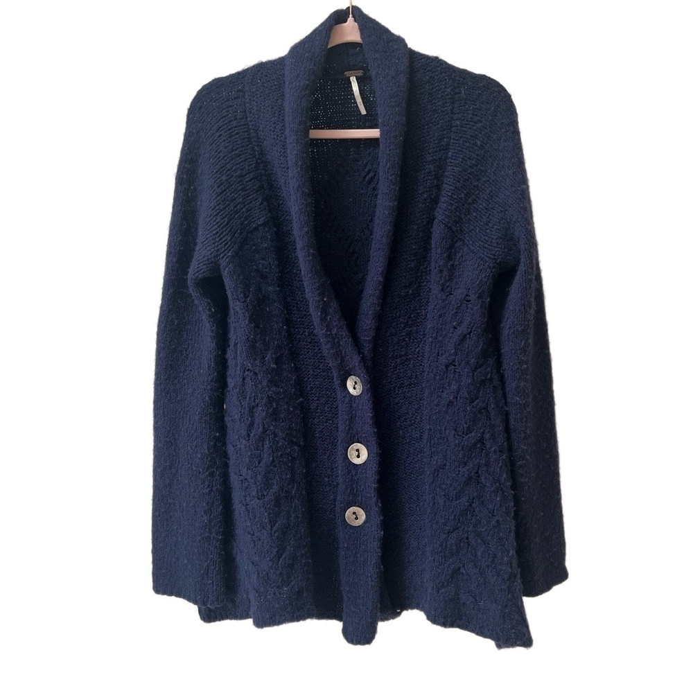 Free People Far Away Cable Knit Cardigan Womens Size M Blue Shawl Collar - Picture 8 of 13